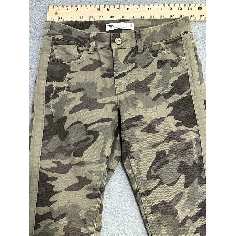 Zara Z1975‎ Denim Camouflage Ankle Pants Green Distressed Raw Hem Womens 4 - Picture 4 of 11